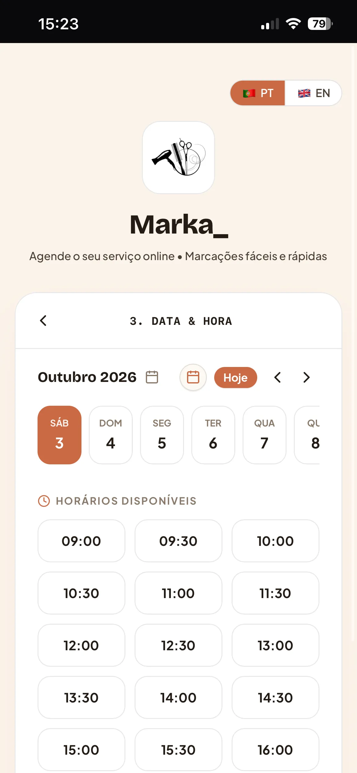 Marka Booking - Seleção de Horário
